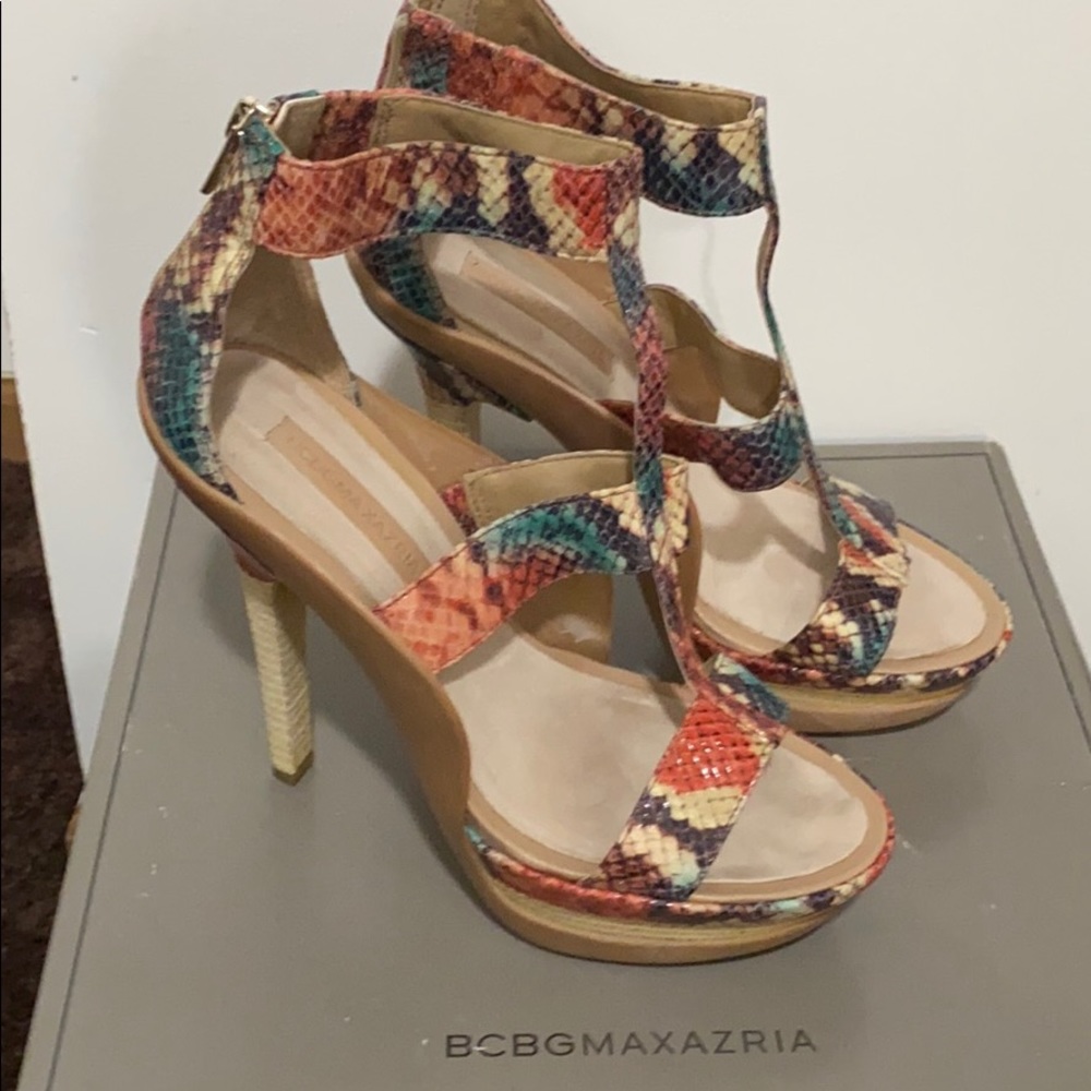 BCBG multicolored snake print sandals